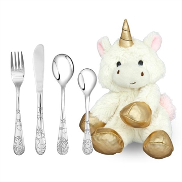 Børnebestik med gratis gravering af navn og dato ENHJØRNING inkl. bamse navneparadis