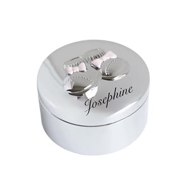 Smykkeskrin med gravering af navn og dato - lyserøde babysko