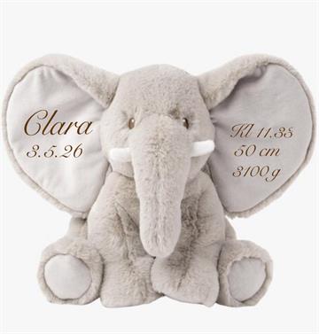 Elefant bamse med navn og fødselsdata broderet 40 cm Teddykompaniet 