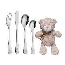 Børnebestik med gratis gravering af navn og dato TEDDY inkl. bamse navneparadis