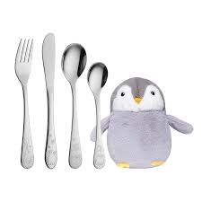 Børnebestik med gratis gravering af navn og dato PINGVIN inkl. bamse navneparadis