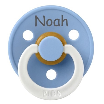 BIBS str 2 GLOW IN THE DARK sut med navn SKY BLUE navneparadis